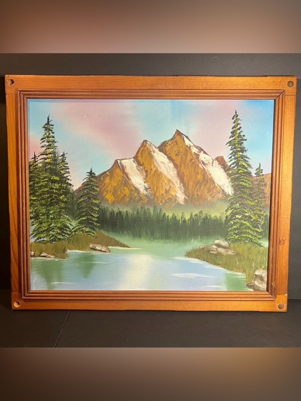 Original Tree Line Mountain Lake Oil on Canvas Painting Framed Wall Art 23 x 19"